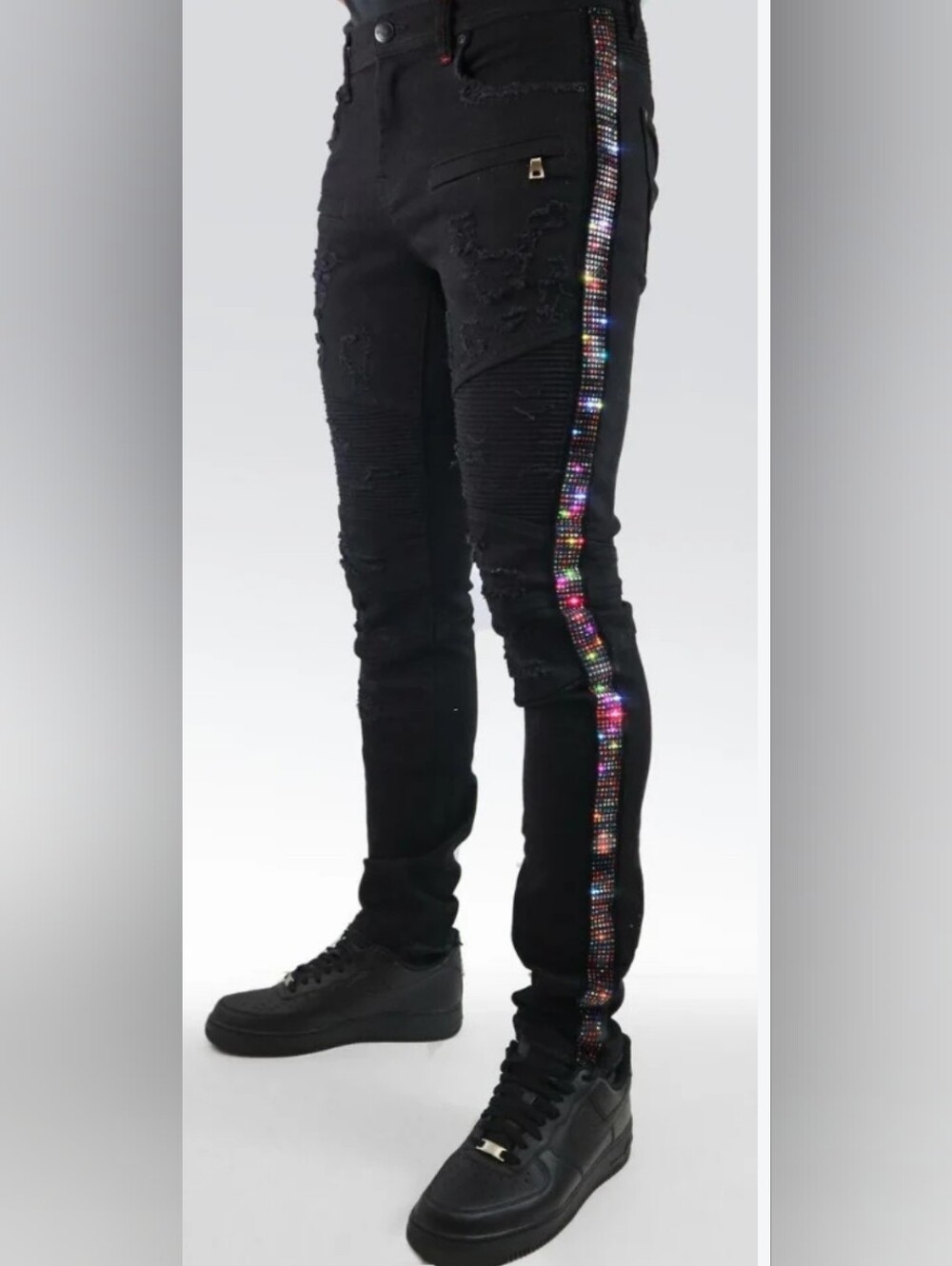 Preme Black Unisex Distressed Jeans with Multicolor Sequin Side Stripe 34x33